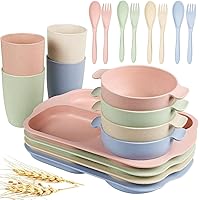 shopwithgreen Wheat Straw Dinnerware Cutlery Set, 20 PCS Kids Toddlers Divided Plates and Bowls Sets, Microwave Unbreakable Tableware Spoon Knife Cup, Dishwasher Safe for Kitchen Picnic School