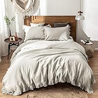 Simple&Opulence 100% Linen Duvet Cover Set with Washed-Belgian Flax-3 Pieces Solid Color Shabby Chic Ruffled Style Bedding Set King Size White+1 Piece Mulberry Silk Comforter