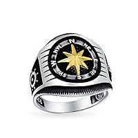 Personalize Two Tone Mens Nautical Boat Wheel Rose Viking Compass Signet Ring For Men Black Gold-Tone Plated .925 Sterling Silver Handmade In Turkey Customizable
