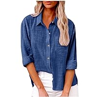 Tunic Tops for Women Loose Fit Dressy White Button Up Shirt Women Loose Linen Tops for Cotton Linen Tops for Women Deep V Long Sleeve Strappy Top Ladies Button Up Shirts Blue XL