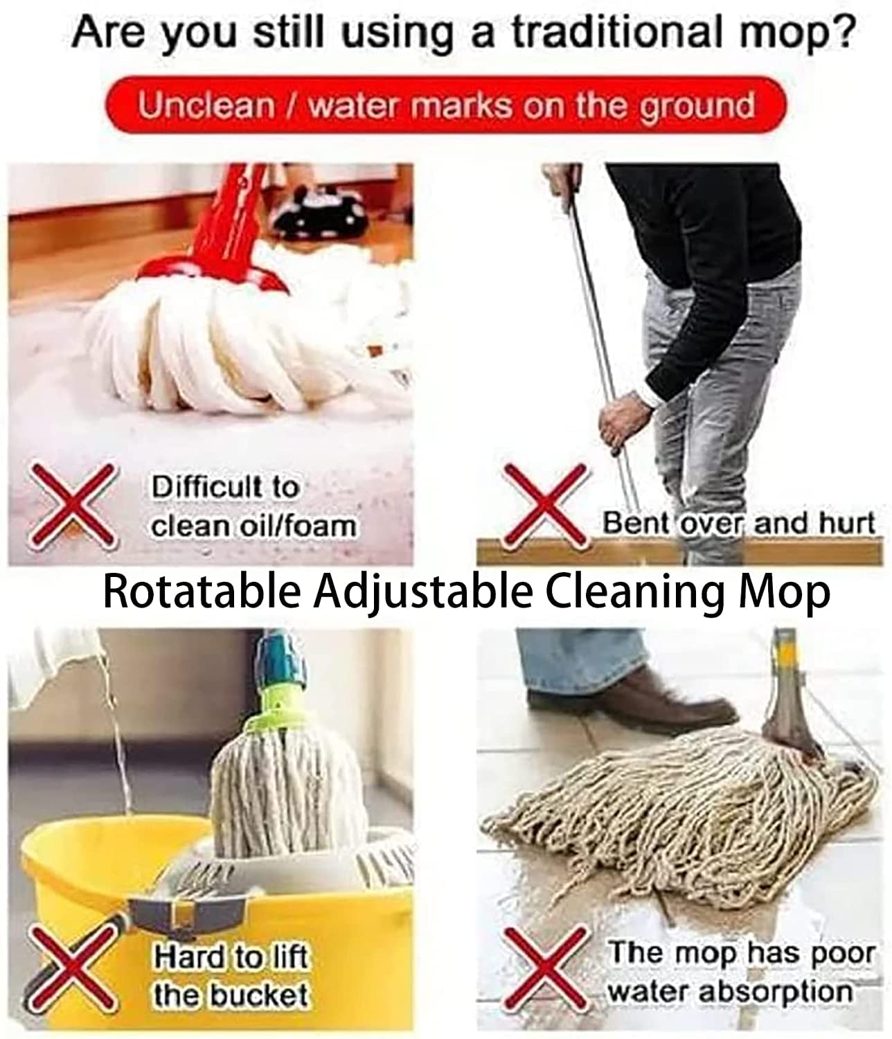 360° Rotatable Adjustable Cleaning Mop - 2022 New Extendable Wall Cleaning Mop, Long Handle Microfiber Spin Mop, Easy Cleaning Spin Mop Head Replacement for Wall, Ceiling, Window (with 2 Mop Heads)
