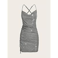 Dresses for Women - Crisscross Backless Ruched Glitter Bodycon Dress (Color : Silver, Size : Small)