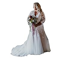 Melisa Women's 3/4 Sleeve Key-Hole Lace Sequins Wedding Dresses for Bride with Train Bridal Gown Plus Size
