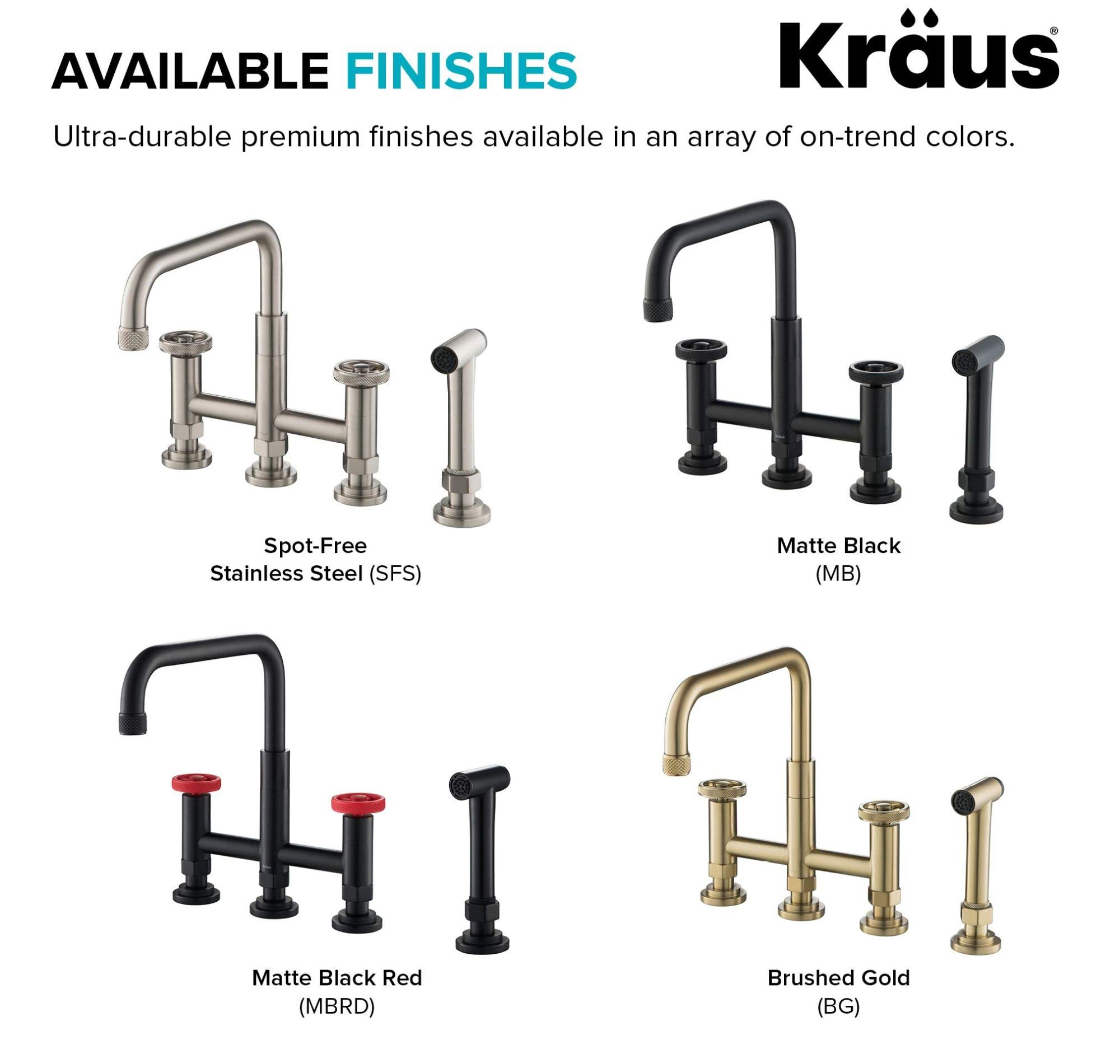 KRAUS Urbix Industrial Bridge Kitchen Faucet with Side Sprayer in Brushed Gold, KPF-3125BG