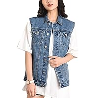 Flygo Womens Casual Plus Size Buttoned Distressed Washed Denim Vest Sleeveless Jean Jacket W Chest Flap Pockets