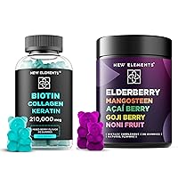 Biotin Gummies with Keratin & Collagen Peptides & Elderberry Gummies with Acai Berry Mangosteen Goji Berry and Noni Fruit | Natural | Non-GMO