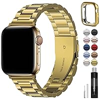 Compatible Apple Watch Bands 49mm 45mm 44mm 42mm 41mm 40mm 38mm, Stainless Steel iWatch Band with Case for Apple Watch Ultra2 Ultra Series 9 8 7 6 5 4 3 2 1 SE SE2, 42mm 44mm 45mm Golden