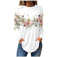 Womens 2024 Long Sleeve Tops Spring Casual Crewneck Shirts Fashion Vintage Floral Print Basic Blouse
