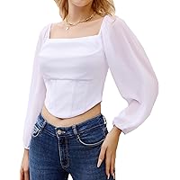 Kate Kasin Women Corset Tops Sheer Long Sleeve Blouse Crop Tops Off The Shoulder Shirts Square Neck Fall Blouses 2023