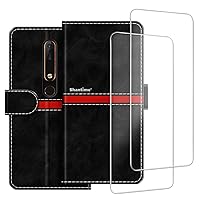 Phone Case Compatible with Nokia 6.1 + [2 Pack] Screen Protector Glass Film, Premium Leather Magnetic Protective Case Cover for Nokia 6 2018 (5.5 inches) Black