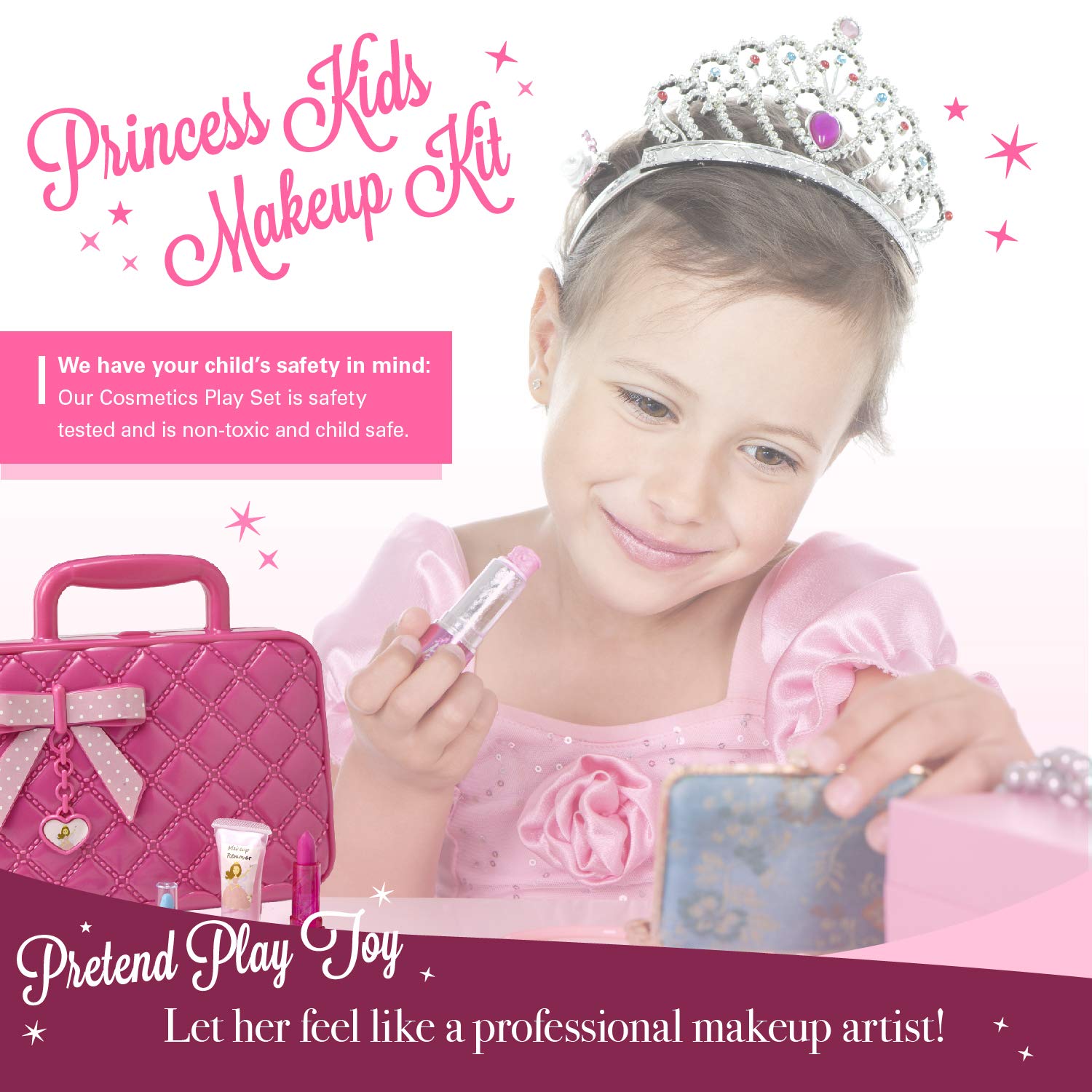 Toysical Kids Makeup Kit for Girl - with Make Up Remover - 30Pc Real Washable, Non Toxic Play Princess Cosmetic Set - Ideal Birthday for Little Girls Ages 3, 4, 5, 6 Year Old Child (Princess)