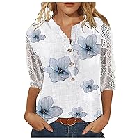 Womens Cotton Tops Blouses for Women Dressy Casual 3/4 Sleeve Shirts for Women 2024 Casual Tops for Women Spring Blouses Round Neck Print Pullover Trendy Loose T-Shirt Top 21-Light Blue Medium