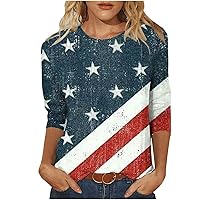 Women's July 4th American Flag T Shirts 3/4 Sleeve Round Neck Tunic Tops USA Flag Stars Stripes Patriotic Shirts