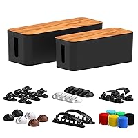 Cable Management Box 2 Pack with 16 Cable Clips Set-Large & Medium & Small Wooden Style Cable Organizer Box to Hide Wires&Power Strips | Cord Organizer Box | Cable Organizer for Home & Office [Black]