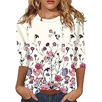 Women's 2024 Summer 3/4 Sleeve Printing Crewneck Cute Loose Fit Tee Tops Casual Basic Holiday Blouse