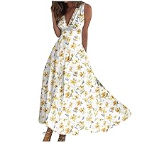 Swing Dress Ladies V Neck Outdoor Sleeveless Weekend Maxi Dress Womens Boho Waist Retraction Printed 2024 Long Dress