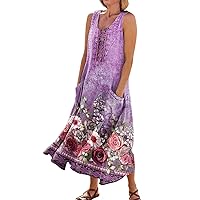 Maxi Dresses for Women 2024 Sleeveless Flowly Crew Neck Elegant Loose Fitting Comfortable Floral Sundress