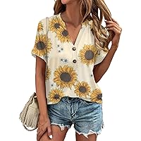 Womens Blouse Women's Sunflower Leisure Short Sleeved T-Shirt Summer Button V-Neck Top Loose T-Shirt Top
