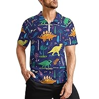 Funny Dinosaur with Palm Leaves Men's Zippered Polo Shirt Casual Slim Fit Short Sleeve Golf T Shirts