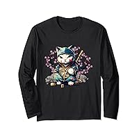 Cute Samurai Cat Anime Kawaii Japanese Style Men Women Kids Long Sleeve T-Shirt