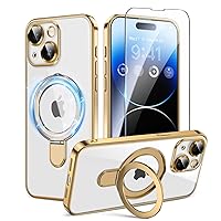 for iPhone 15 Case with Magnetic Stand [Compatible with MagSafe] [Full Camera Cover Protector] [Military Drop Protection] Women Men Shockproof Phone Case for iPhone 15 6.1'',Clear Gold