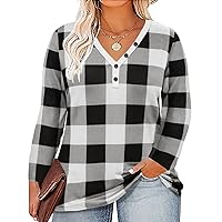 RITERA Plus Size Tops for Womens Shirts Long Sleeve Black White V Neck Plaid Pullover Fall Button Tunic Colorblock Pullover Blouse 5XL 28W