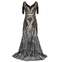 FAIRY COUPLE Women's V-Neck Sequin Beaded Maxi Wedding Formal Evening Gown Dresses