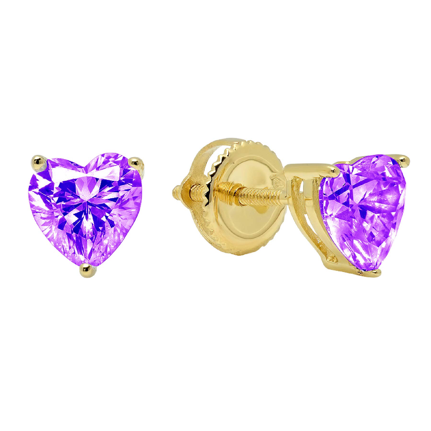 0.9ct Brilliant Heart Cut Solitaire Natural Purple Amethyst gemstone Unisex Designer Stud Earrings Solid 14k Yellow Gold Screw Back conflict free Jewelry