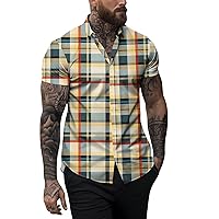 Men's Casual Shirts Short Sleeve Button Down Shirts Fashion Plaid Printed Summer Beach Shirt with Lapel