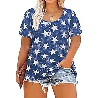 RITERA Plus Size Tops for Women Crew Round Neck Summer Blue Star Flag Print Tshirts Short Sleeve Casual Cute Basic Tunic Oversized Ladies Sexy Button Henley Shirt 1X 14W 16W