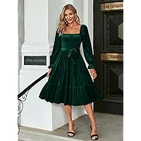 Women's Dress Dresses for Women Square Neck Flounce Sleeve Ruffle Hem Belted Velvet Dress (Color : Dark Green, Size : Large)