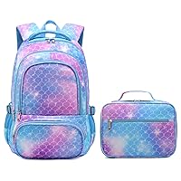 BLUEFAIRY Girls Backpack with Lunch Box Set Mermaid School Bag Set for Kids Elementary Primary School Book Bags Back to School Bookbags for Childs Lightweight Mochila para Niñas Cute Gifts Aged 4-8