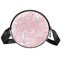 Peony Flower Grey Pink Crossbody Bag for Women Teen Girls Round Canvas Shoulder Bag Purse Tote Handbag Bag