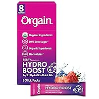 Orgain Organic Hydration Packets, Electrolytes Powder - Berry Hydro Boost with Superfoods, Gluten-Free, Soy Free, Vegan, Non GMO, Less Sugar than Sports Drinks, Travel Packets, 8 Count
