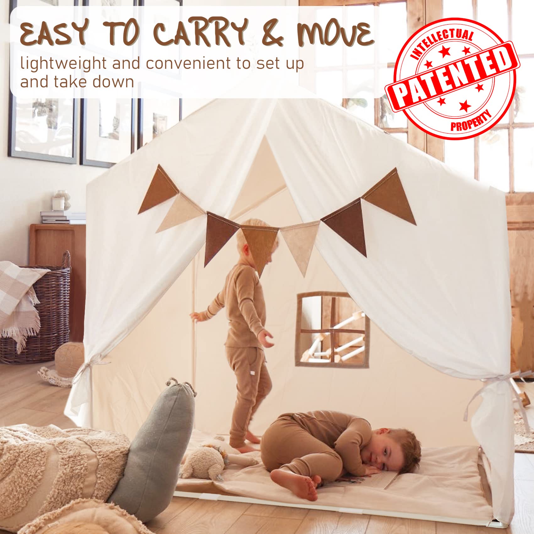 Large Kids Tent, Kids Playhouse with Banner,Light and Floor Piece, Tent for Kids Reading Nook, Playing, Enjoying, Easy to Assemble and Wash, Indoor and Outdoor, Boho Adult Tent, 52x35x51
