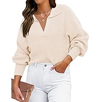 ZESICA Women's 2024 Fall Lapel Collar V Neck Long Sleeve Ribbed Knit Comfy Loose Casual Pullover Sweater Jumper Top