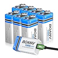 8PCS 1300mAh 9V Rechargeable Batteries, 9V Rechargeable USB Lithium Long Lasting Battery, with 2 in 1 Charging Cable, for Smoke Detectors, Alarms, Keypad, Microphone