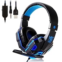 Wired Gaming Headset with Microphone for PS4 PC Xbox One PS5 Controller, LED Light, Bass Surround, for Laptop Computer,Switch,Mobile,Noise Cancelling Over Ear Headphones(Black-Blue)