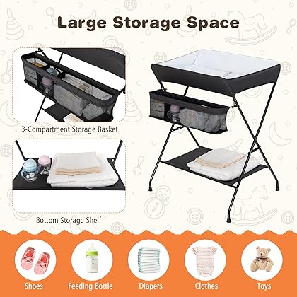 Costzon Changing Table, Portable Baby Changing Table Foldable Diaper Changing Station with Safety Belt, Large Storage Rack & Shelf, Nursery Organizer for Newborn Infant (Black)