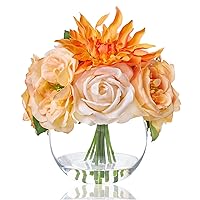Artificial Flowers with Vase Silk Flower Arrangements in Round Bowl Vase with Faux Water for Home Table Decoration (White Orange)
