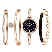 Clastyle Watch with Bracelet Women's Set Shiny Rose Gold Watch with 3 Stainless Steel Watches Set Women's Bracelet Watch Set Gift