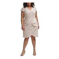 Vince Camuto Womens Beige Embroidered Zippered Scalloped Lace Ruffled Eyelash Cap Sleeve V Neck Knee Length Party Sheath Dress Plus 22W