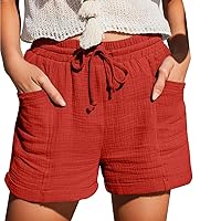 Womens Shorts Casual Elastic Tie Waist Shorts Mid Rise Cotton Linen Shorts with Pockets Straight Wide Leg Loose Beach Shorts