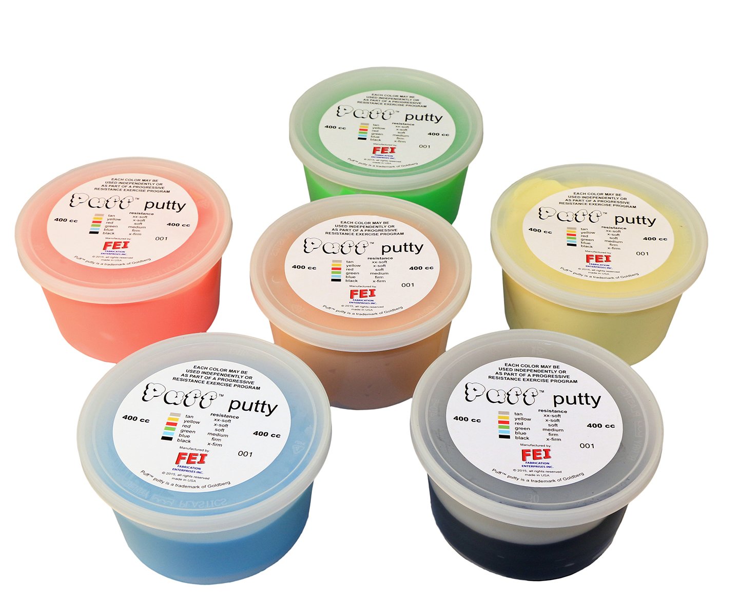 Cando Puff LiTE Exercise Putty, 6 Piece Set (Tan, Yellow, Red, Green, Blue, Black), 13.5 oz