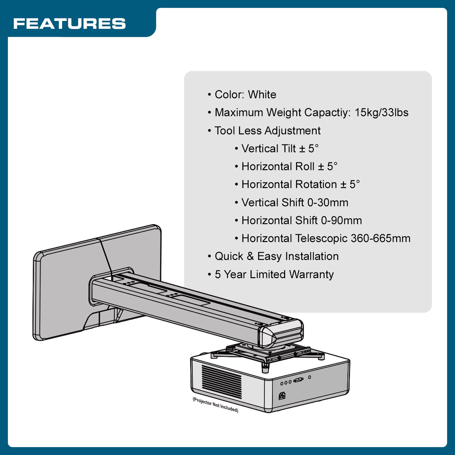 QualGear QG-PM-FT1-WHT Universal Projector Wall Mount with Fine Tune Adjustments