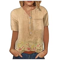 Women's 2023 Summer Casual Comfy Blouse Tops Retro Floral Print Single Breasted Short Sleeved Shirt with Pockets