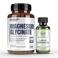 Benevolent Nourishment Premium Magnesium Glycinate 500mg Capsules & Liquid Vitamin D3 5000 IU Bundle- (8 Months Supply + High Absorption Formula) Chelated Buffered Glycinate & Immune Support