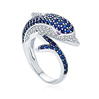 Bling Jewelry Nautical Pave Cubic Zirconia Navy Blue CZ Bypass Statement Dolphin Ring For Women Teens Silver Plated Band