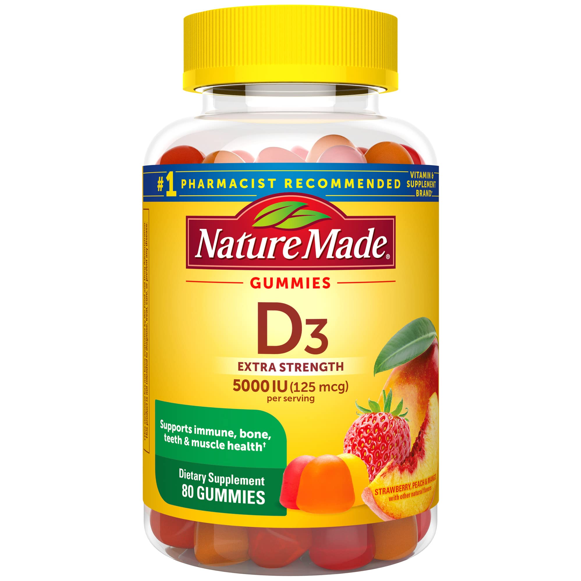Nature Made Extra Strength Vitamin D3 5000 IU (125 mcg) per serving, Dietary Supplement for Bone, Teeth, Muscle and Immune Health Support, 80 Gummies, 40 Day Supply, 80 Count (Pack of 1)