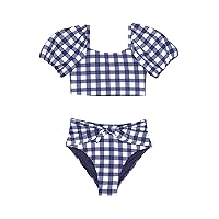 Girl's Plaid Chic Bubble Sleeve Two-Pieces (Big Kids) Navy 7-8 (Big Kid)